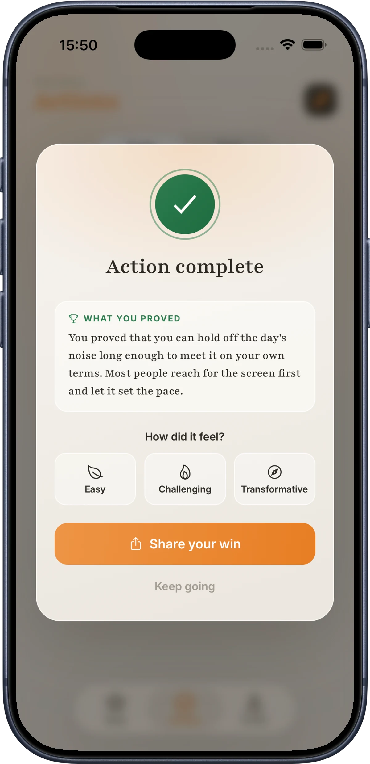 The action complete screen in Self, showing what you proved and a way to share it
