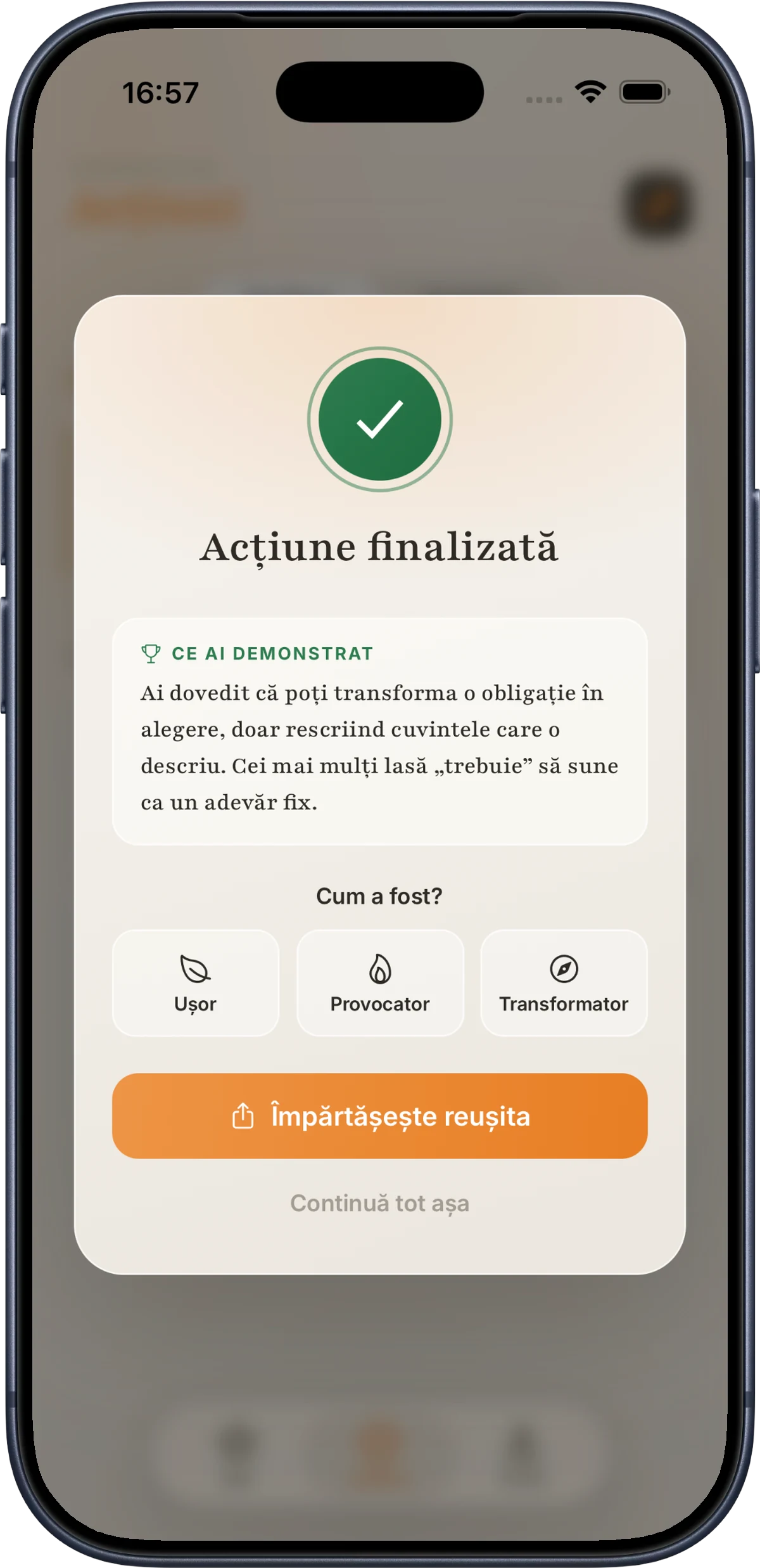 Ecranul de acțiune finalizată din Self, cu ce ai dovedit și un mod de a împărtăși