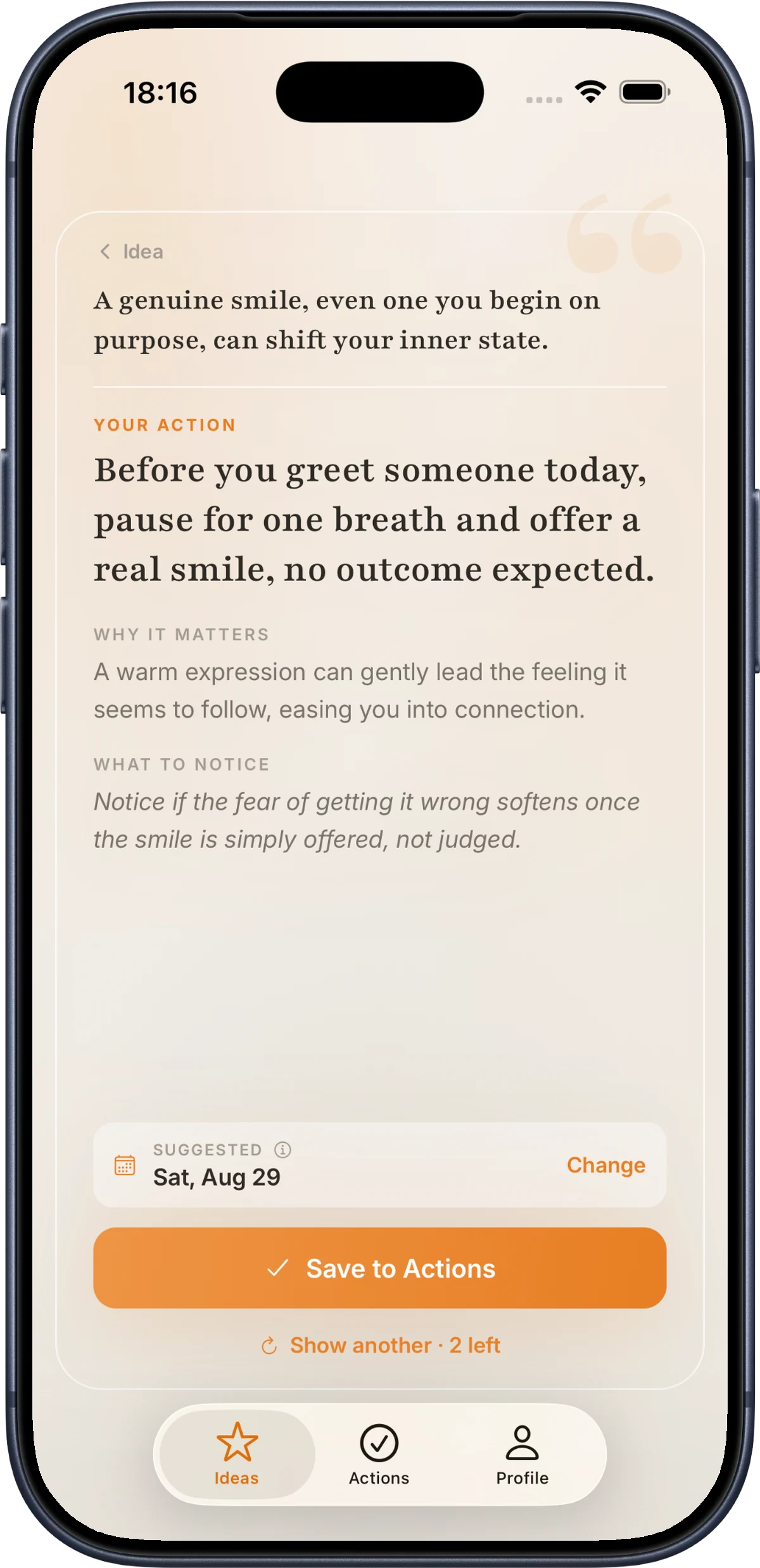 The Self app turning one idea into a concrete action with a suggested date