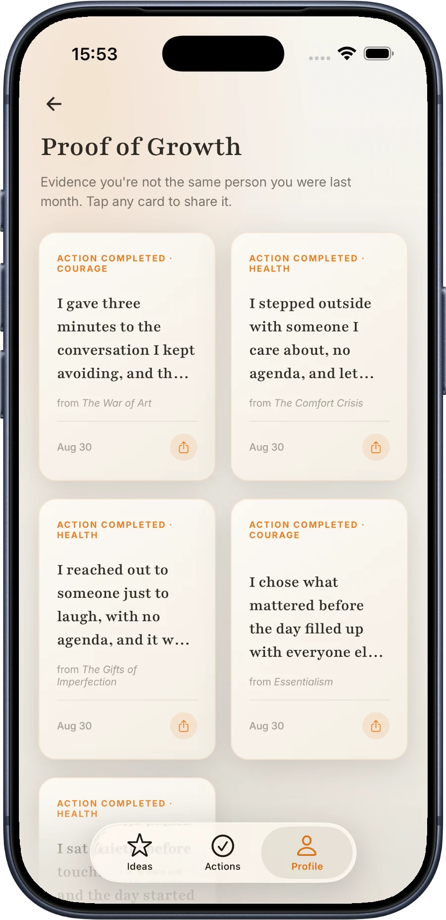 The Proof of Growth screen in Self, a wall of cards built from completed actions