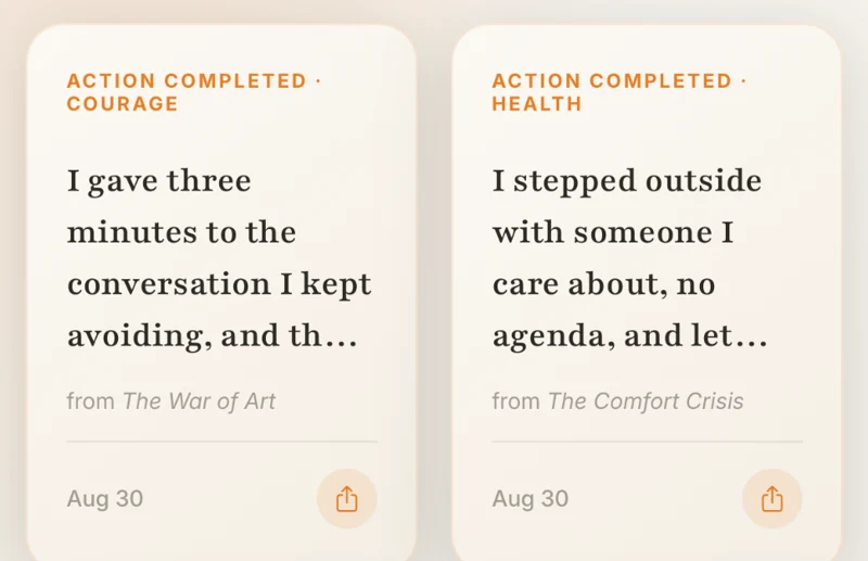 The Proof of Growth screen, a wall of cards from completed actions